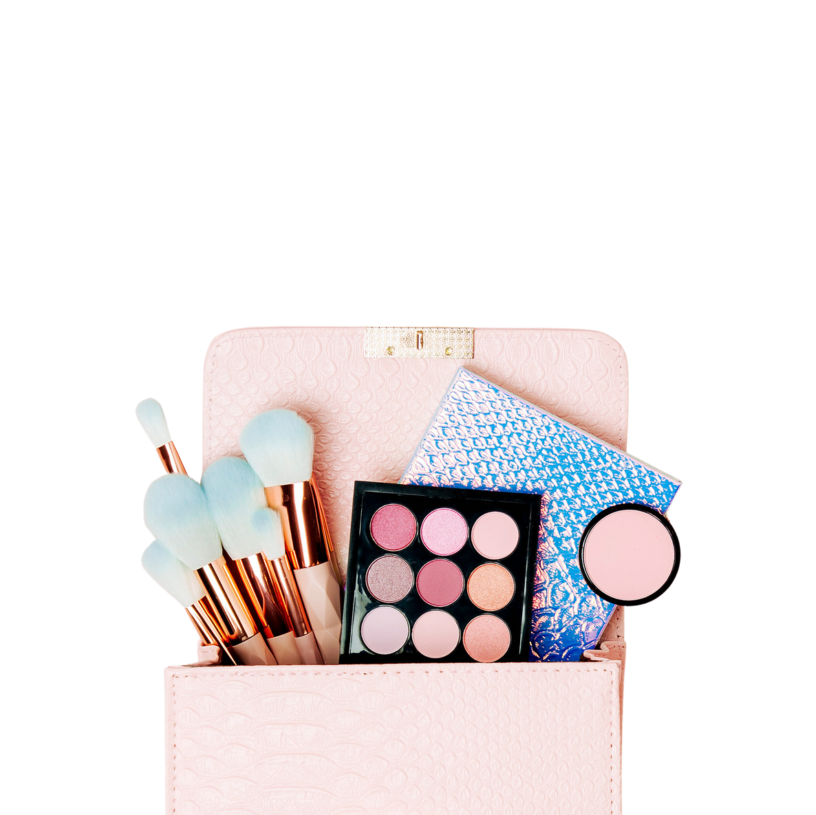 Makeup bag with cosmetic beauty products. Flat lay, top view. Beauty and Fashion concept